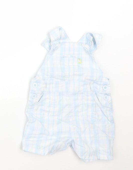 Front view of Mothercare boys’ blue check cotton dungaree one-piece size newborn