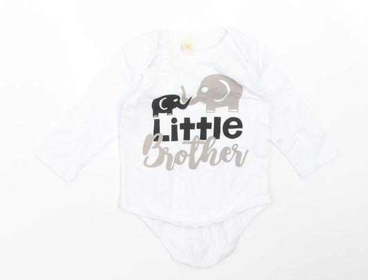 Front view of Preworn boys’ white cotton babygrow one-piece, size 12, months - little brother