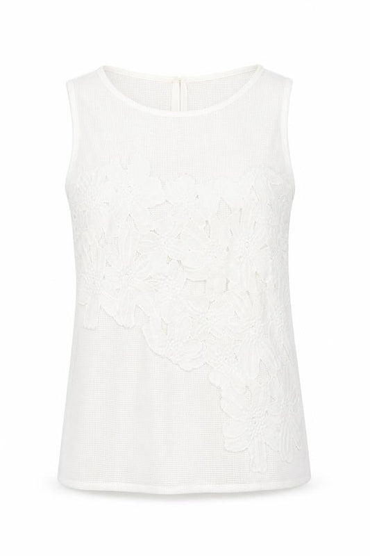 Front view of Soon women’s white floral polyester basic t-shirt, size UK 8, round neck