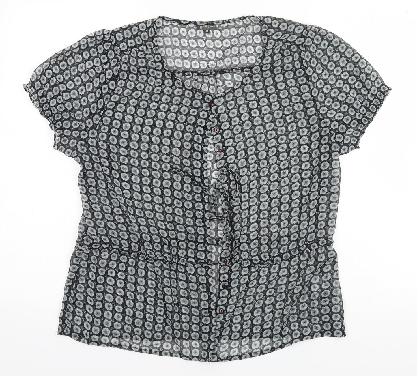 Greenpoint Womens Grey Geometric Polyester Basic Button-Up Size 14 Round Neck