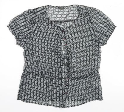 Greenpoint Womens Grey Geometric Polyester Basic Button-Up Size 14 Round Neck