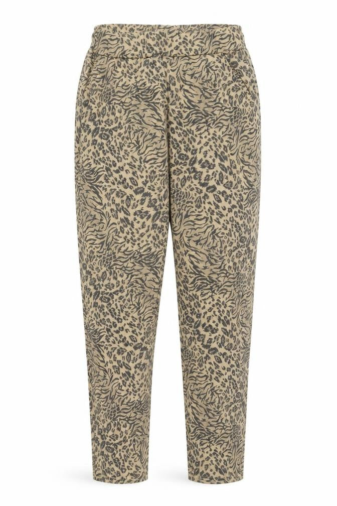 Front view of Preworn women’s brown animal print nylon sweatpants, size UK 10, 27-inch leg regular