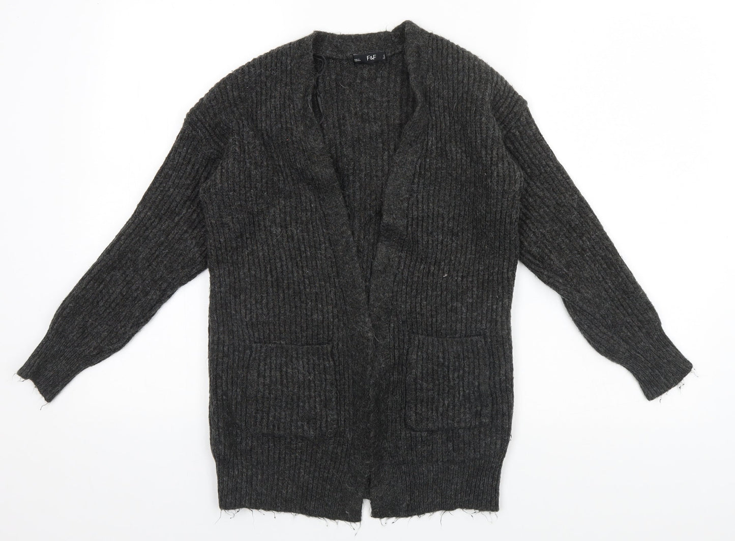 F&F Womens Grey Round Neck Striped Polyester Cardigan Jumper Size S