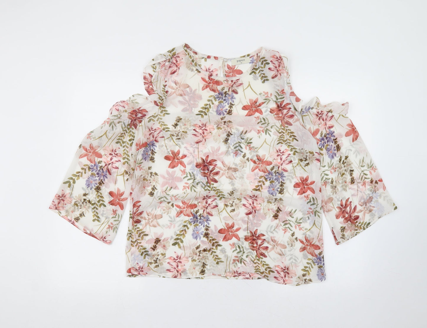 Matalan Womens White Floral Polyester Basic Blouse Size 12 Round Neck