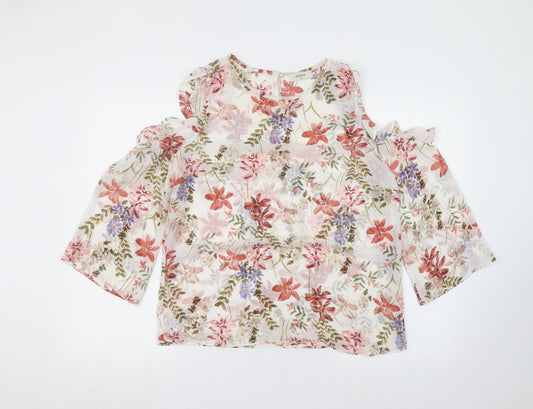 Matalan Womens White Floral Polyester Basic Blouse Size 12 Round Neck
