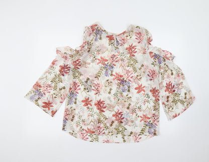Matalan Womens White Floral Polyester Basic Blouse Size 12 Round Neck