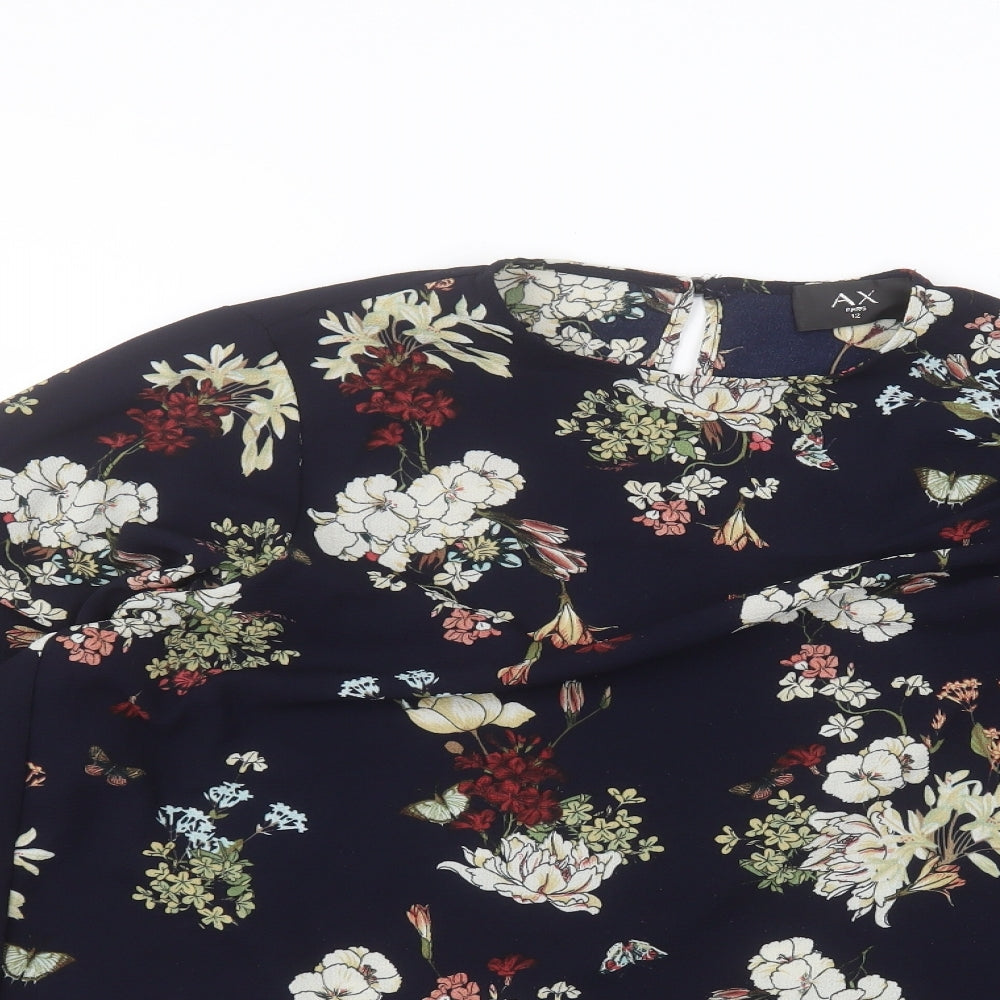 AX Paris Womens Blue Floral Polyester Basic Blouse Size 12 Round Neck
