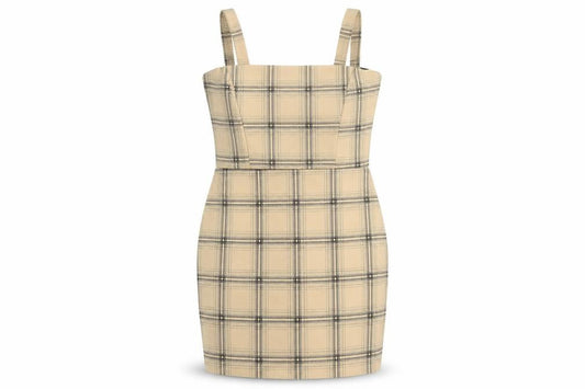 Front view of I SAW IT FIRST women’s brown polyester pencil dress, size UK 12, off the shoulder