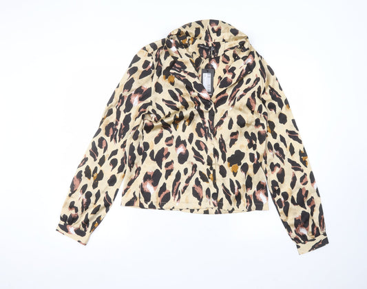 I SAW IT FIRST Womens Beige Animal Print Polyester Basic Button-Up Size 10 Collared