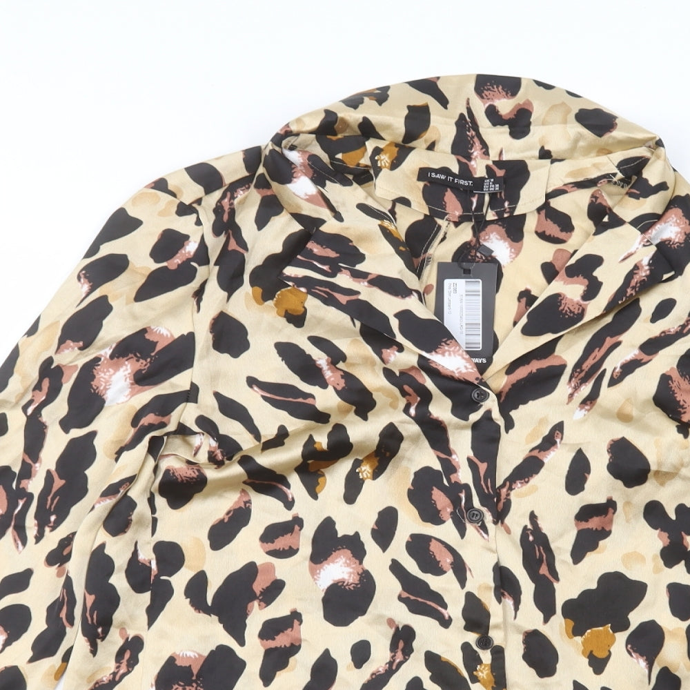 I SAW IT FIRST Womens Beige Animal Print Polyester Basic Button-Up Size 10 Collared