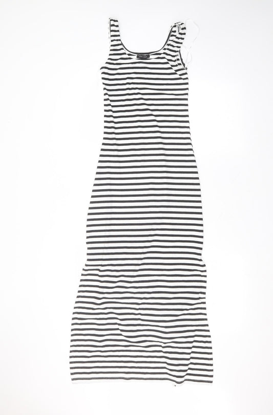 New Look Womens White Striped Polyester A-Line  Size 8 Round Neck
