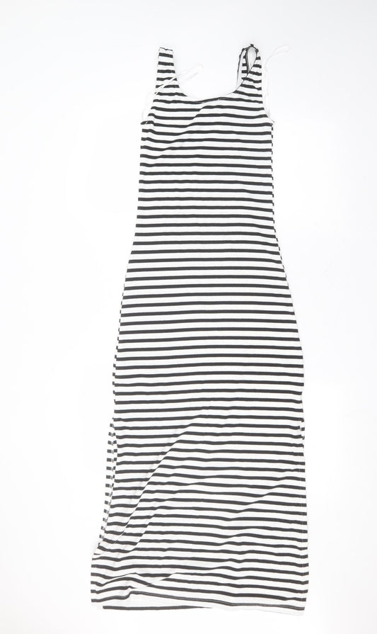 New Look Womens White Striped Polyester A-Line  Size 8 Round Neck