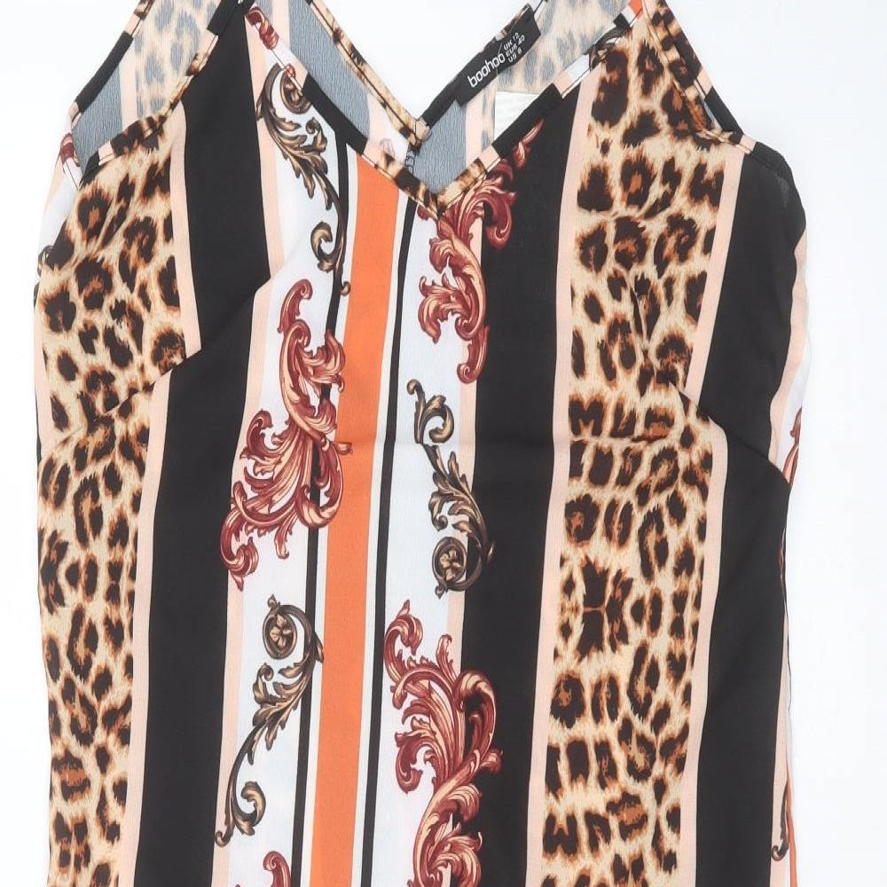 Boohoo Womens Black Animal Print Polyester A-Line  Size 12 V-Neck