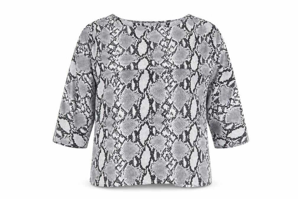 Front view of New Look women’s grey animal print polyester basic t-shirt, size UK 8, round neck