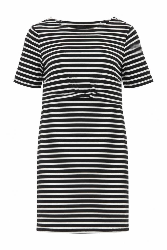 Front view of Topshop women’s black striped viscose a-line, size UK 14, round neck