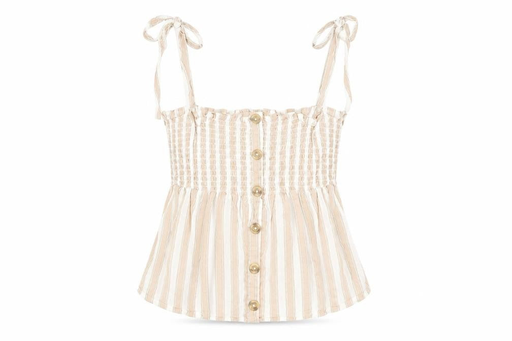 Front view of Primark women’s white striped cotton basic t-shirt, size UK 10, off the shoulder
