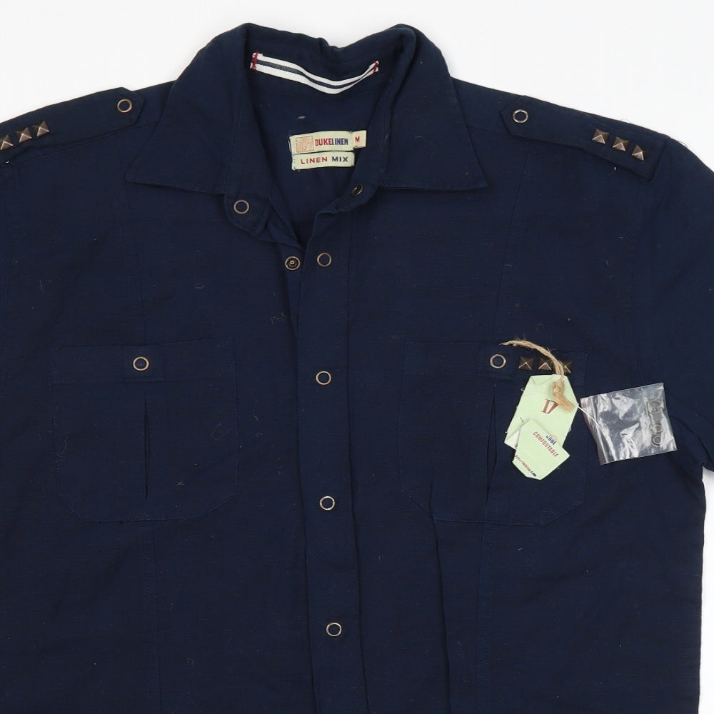 Mens UK Size M Duke Linen Blue  Button-Up Short Sleeve Casual Shirt
