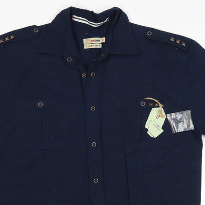 Mens UK Size M Duke Linen Blue  Button-Up Short Sleeve Casual Shirt