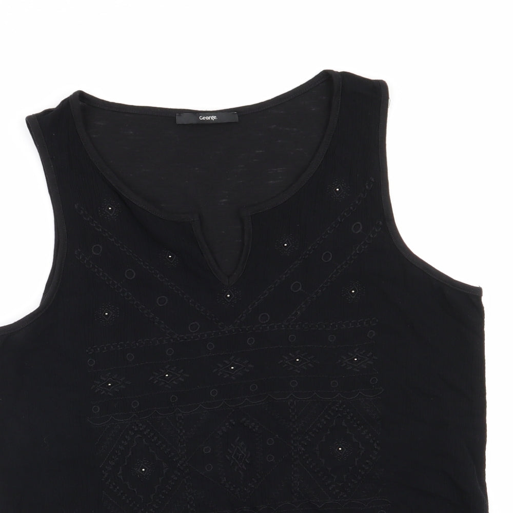 George Womens Black Geometric Viscose Basic Blouse Size 12 Round Neck - Embroidered Front