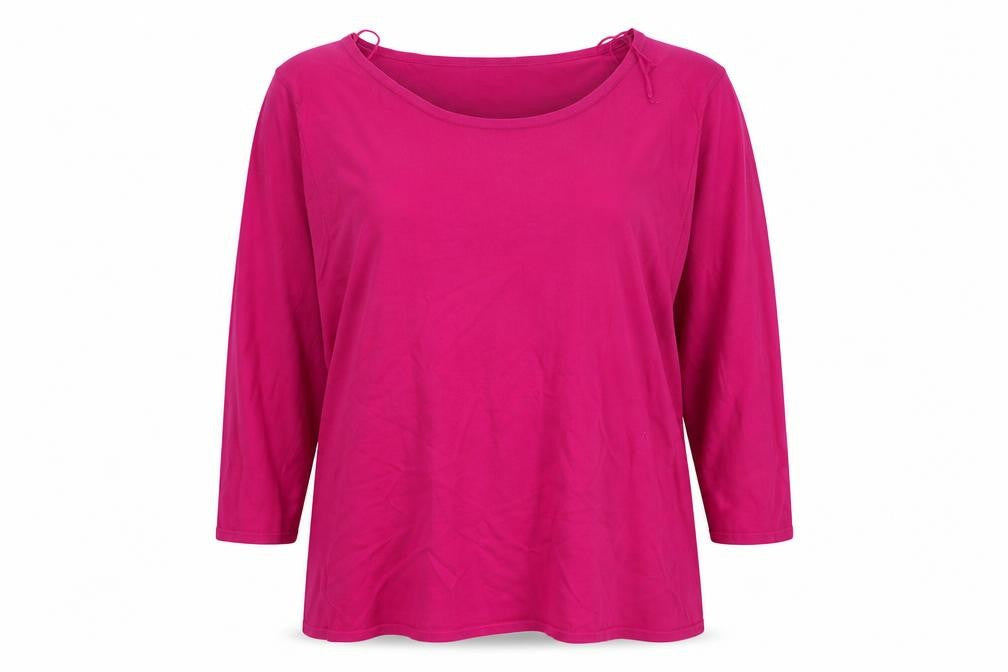 Front view of M&Co women’s pink round neck viscose jumper, size UK 20, - cerise pink wrap back
