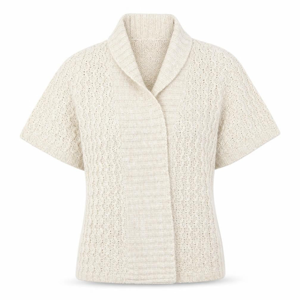 Front view of EVIE women’s beige acrylic cardigan jumper, size UK 12
