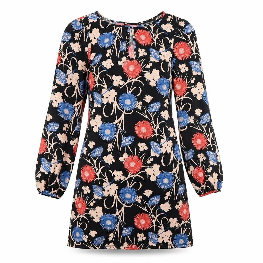 Front view of Miss Selfridge women’s black floral polyester a-line, size UK 6, scoop neck