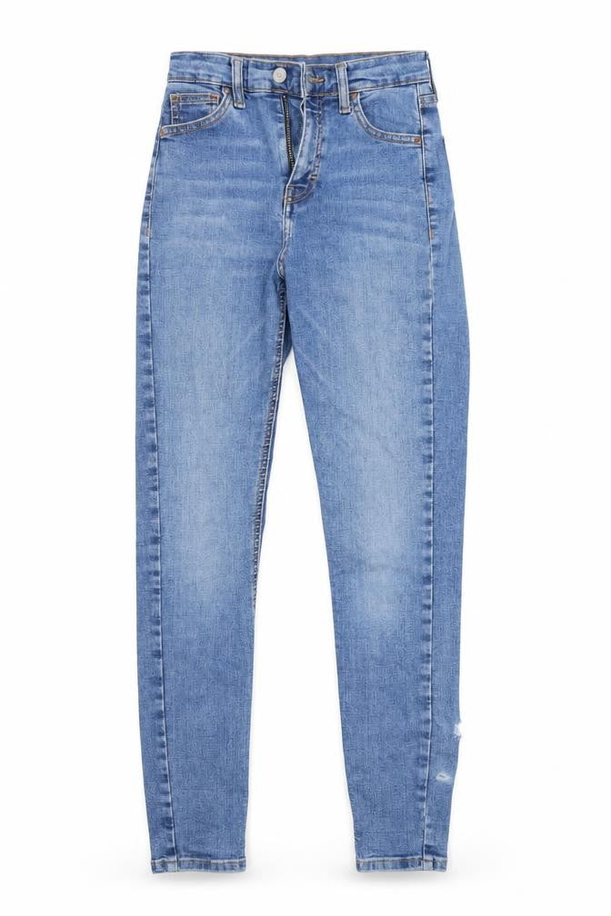 Front view of Topshop women’s blue cotton skinny jeans, size UK 25, in, 32-inch leg regular