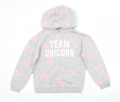 Primark Girls Grey Animal Print Cotton Pullover Hoodie Size 9-10 Years   - UNICORN