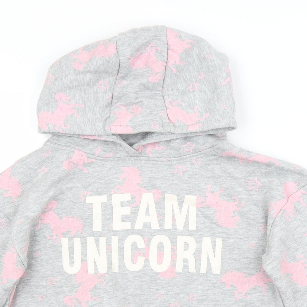 Primark Girls Grey Animal Print Cotton Pullover Hoodie Size 9-10 Years   - UNICORN