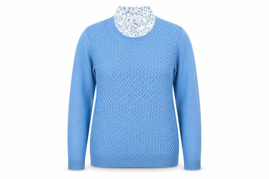 Front view of ISLE women’s blue collared argyle/diamond acrylic jumper, size UK 14