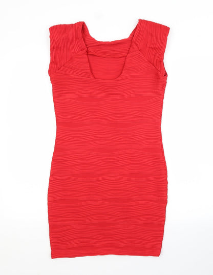 Preworn Womens Red  Polyester Pencil Dress   Scoop Neck