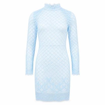 Front view of women’s blue argyle/diamond polyester pencil dress, size M, high neck