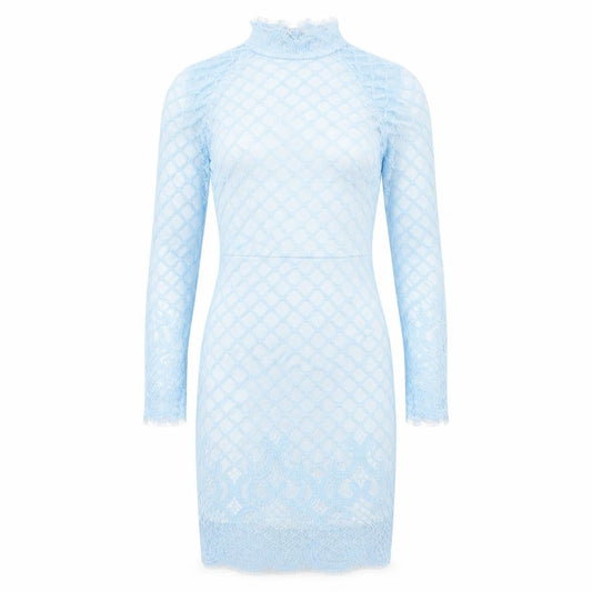 Front view of women’s blue argyle/diamond polyester pencil dress, size M, high neck
