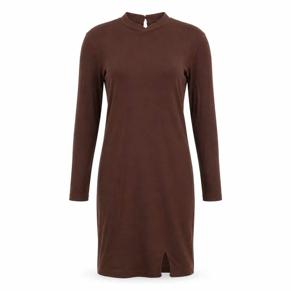 Front view of SHEIN women’s brown polyester pencil dress, size L, crew neck