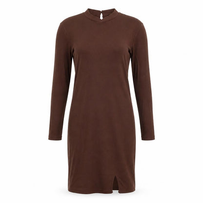 Front view of SHEIN women’s brown polyester pencil dress, size L, crew neck