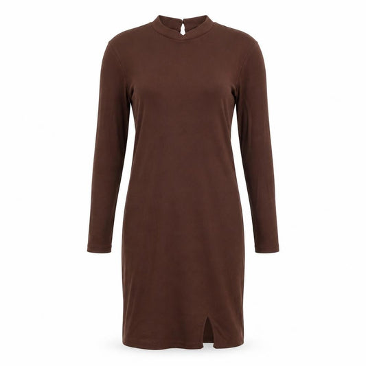 Front view of SHEIN women’s brown polyester pencil dress, size L, crew neck
