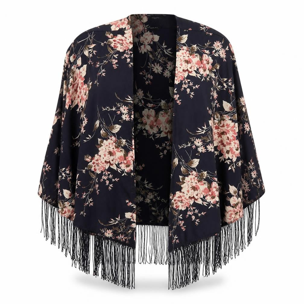 Front view of New Look women’s black round neck floral polyester cardigan jumper, size UK 8