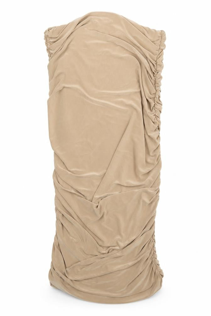 Front view of Boohoo women’s beige polyester pencil dress, size UK 10, off the shoulder