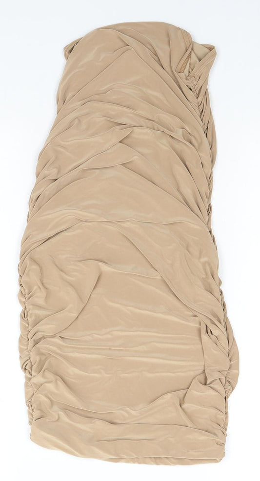 Boohoo Womens Beige  Polyester Pencil Dress  Size 10 Off the Shoulder