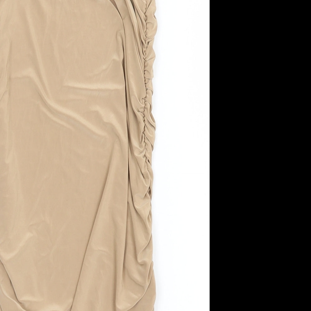 Boohoo Womens Beige  Polyester Pencil Dress  Size 10 Off the Shoulder