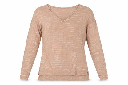 Front view of Marks & Spencer women’s pink v-neck striped acrylic jumper, size M