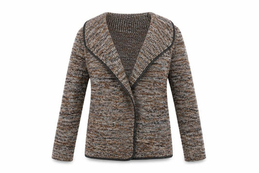 Front view of Peacocks women’s brown v-neck acrylic cardigan jumper, size UK 8