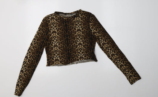 SheIn Womens Brown Animal Print Polyester Cropped Blouse Size M Crew Neck