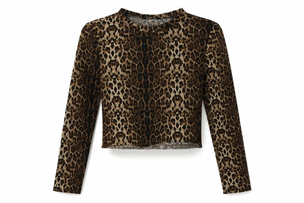 Front view of SHEIN women’s brown animal print polyester cropped blouse, size M, crew neck