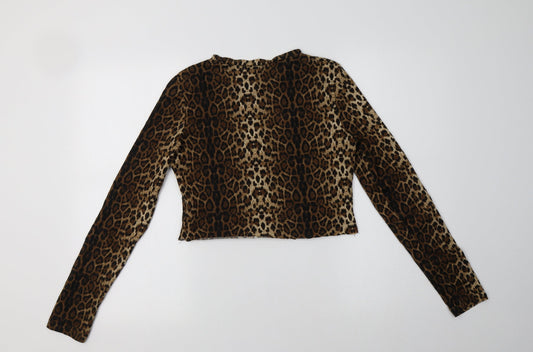 SheIn Womens Brown Animal Print Polyester Cropped Blouse Size M Crew Neck