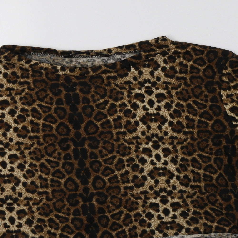 SheIn Womens Brown Animal Print Polyester Cropped Blouse Size M Crew Neck
