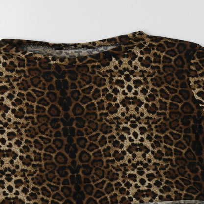 SheIn Womens Brown Animal Print Polyester Cropped Blouse Size M Crew Neck