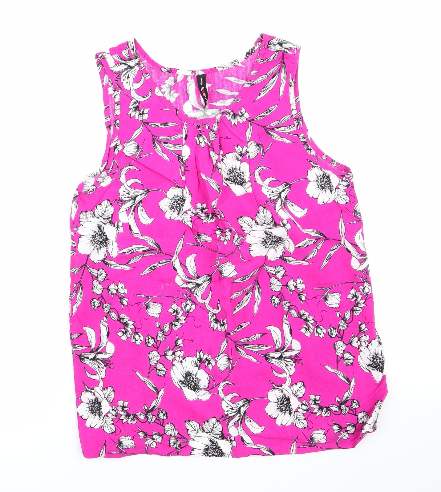 Le Macro Womens Pink Floral  Basic Blouse Size S Round Neck - White Grey Flowers Cerise