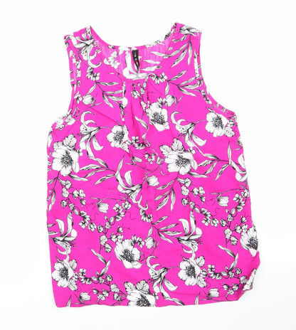 Le Macro Womens Pink Floral  Basic Blouse Size S Round Neck - White Grey Flowers Cerise