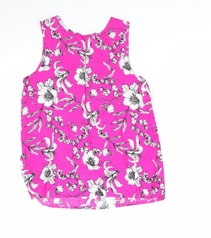 Le Macro Womens Pink Floral  Basic Blouse Size S Round Neck - White Grey Flowers Cerise